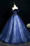 Blue Velvet Off The Shoulder Beading Tulle Prom Dress