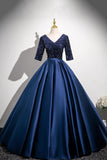 Satin Sequins Half Sleeves Long Navy Prom Dress