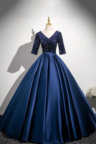 Satin Sequins Half Sleeves Long Navy Prom Dress