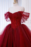 Tulle Beading Burgundy Ruffles Off The Shoulder Prom Dress