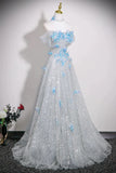 Sequins & Blue Butterfly A Line Silver Prom Dress