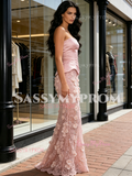 Pink Strapless Satin Lace Sheath Column Prom Dress