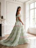Tulle Sequin Off The Shoulder Light Green A Line Prom Dress