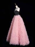 Tulle Ruffles A Line Black & Pink Prom Dress