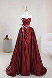 Sweetheart A Line Belt Burgundy Satin Prom Dress