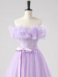 Tulle Floor Length A Line Purple Belt Prom Dress