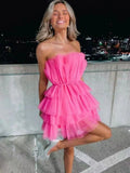 Tulle Ruched Strapless Pink Homecoming Dress