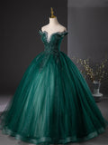 Tulle Sequins Beading Off The Shoulder Dark Green Prom Dress