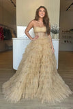 Sparkle Strapless Champagne Tulle Ruffles Prom Dress