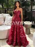 Burgundy Sweetheart Lace A-Line Tulle Prom Dress
