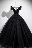 Black A Line Tulle Long Puffy Sleeves Prom Dress