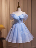 Tulle Short A-Line Butterfly Pearls Blue Homecoming Dress