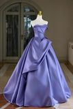 Strapless A Line Ruched Purple Satin Prom Dress