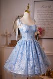 Short A-Line Spaghetti Strap Blue Tulle Homecoming Dress