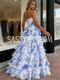 Sweetheart A Line Ruffles Blue Print Tulle Prom Dress