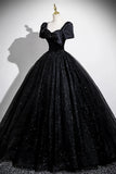Tulle Long Puffy Sleeve Black Glitter Prom Dress