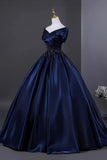 Beading A Line Off The Shoulder Navy Satin Prom Dress