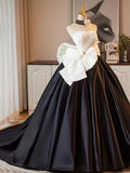 Satin Satin Bow Flower A Line White & Black Prom Dress
