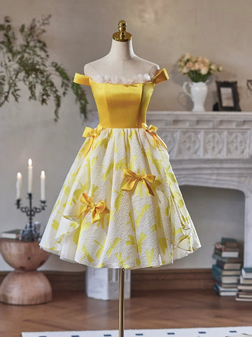 Yellow Satin Knee Length Party Dress, Cute Off the Shoulder Evening Dress US 10 / Yellow Yellow Satin Knee Length Party Dress, Cute Off the Shoulder Evening Dress US 10 / Yellow