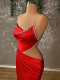 Crystal Draped One Shoulder Red Satin Mermaid Prom Dress