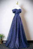 Sequin A Line Off The Shoulder Navy Blue Prom Dress