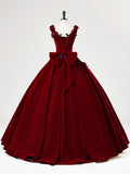 Flower Burgundy A-Line Velvet Long Prom Dress