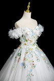 A-Line Off the Shoulder Floral White Off The Prom Dress