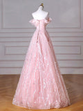 Tulle Sequins Sequin Pink Off The Shoulder Prom Dress