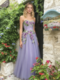Sweetheart Flower Appliques Lilac Purple Tulle Prom Dress