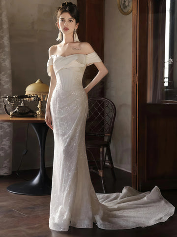 Satin Sparkle Sequin Trumpet Mermaid Off The Shoulder Wedding Dress