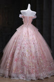 Lace Off The Shoulder A Line Beading Pink Tulle Prom Dress