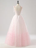 Spaghetti Strap Tulle Sequin Pink A Line Prom Dress