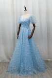 Sparkle Tulle A Line Short Sleeves Blue SnowFlake Prom Dress