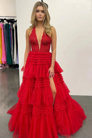 Red Tulle Mesh V Neck Ruffles Prom Dress
