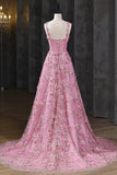 A-Line Spaghetti Straps Pink Applique Tulle Prom Dress