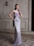 Flower Satin Trumpet Mermaid Lavender Strapless Prom Dress