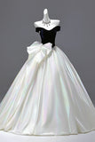 A Line Navy Velvet & White Satin Long Prom Dress