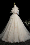 A Line Off The Shoulder Tulle Beads Champagne Prom Dress