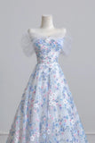 Floral Tulle A Line Off The Shoulder Blue Prom Dress