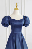 Short Sleeve Navy Satin A-Line Long Prom Dress