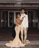 Mermaid Sheer See Through Beading Champagne Prom Dress