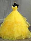 Vibrant Yellow Layered Ruffled Tulle Spaghetti Straps Prom Dress