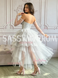 Silver High Low Tulle Sparkle Strapless Long Sleeve Homecoming Dress