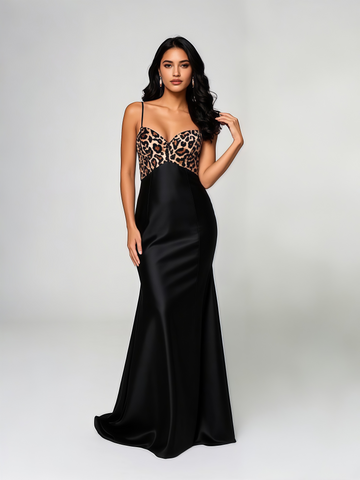 Trumpet Mermaid Animal Print Satin Black Prom Dress