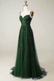 Green Tulle Lace Appluques Spaghetti Straps Prom Dress