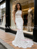 Jewel Trumpet Mermaid Lace Sweep Train Wedding Dress