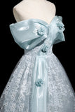 Flower Lace A Line Blue Off the Shoulder Prom Dress