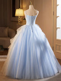 Spaghetti Strap Tulle Lace Blue Flower Prom Dress