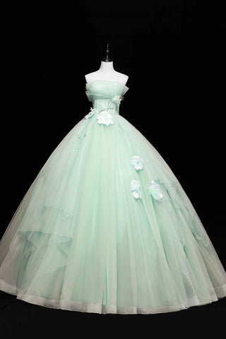 Tull Applique Ball Gown Green Strapless Prom Dress