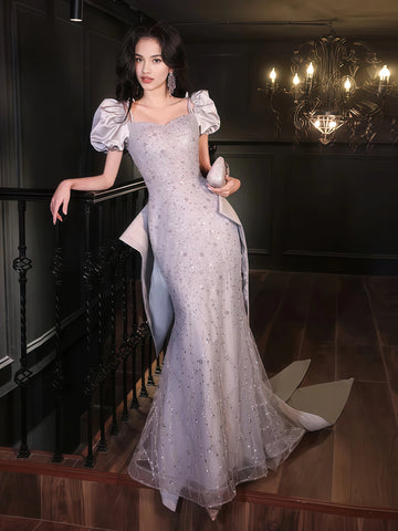Silver Sequin Beading Short Sleeve Prom Dress